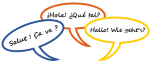 French, Spanish, and German speech bubbles